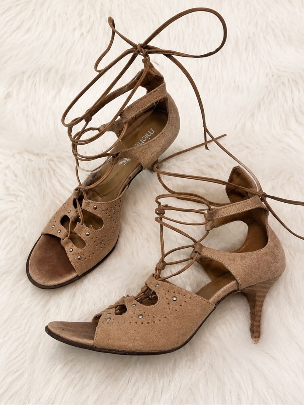 Michelle K - Tan Suede Lace-Up Cutout Heels - 7